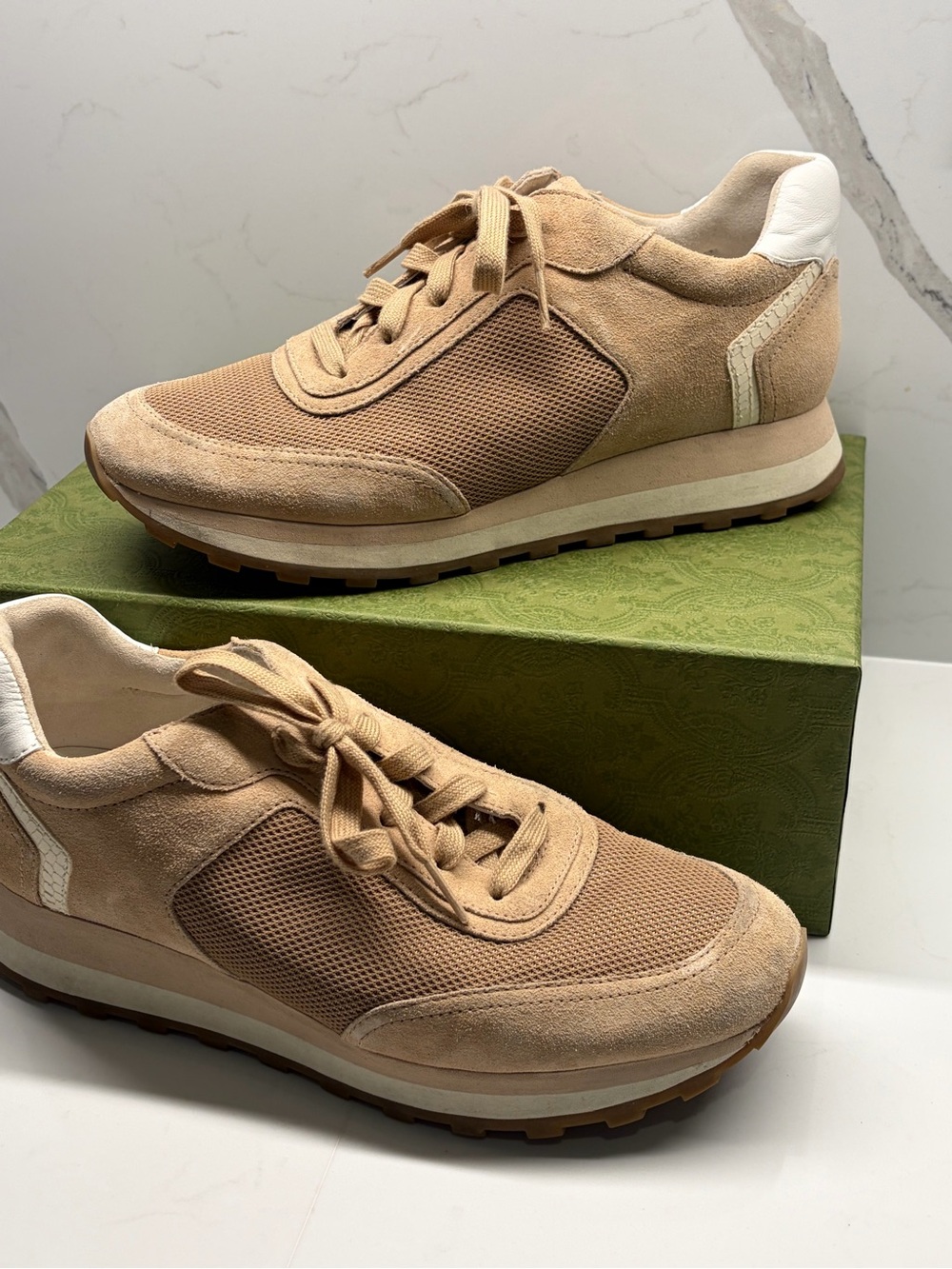 Veronica Beard women’s Suede & Mesh Sneakers in Tan and White